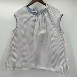 Teija Blouse Womens 14 White Red Blue Mixed Stripe Round neck Ruffle Preppy